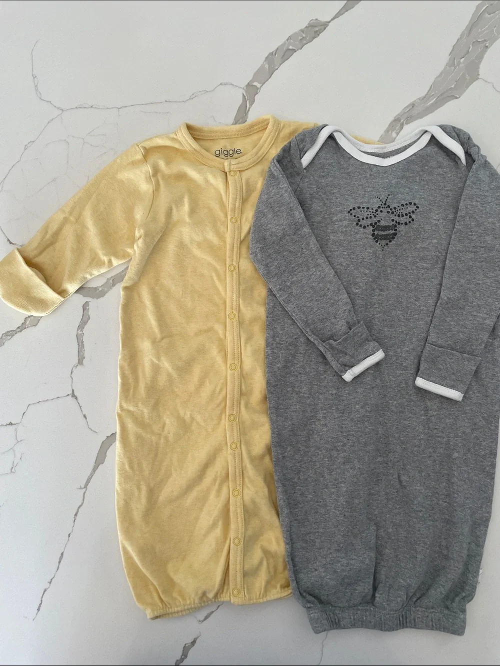 Burt's Bees Baby Yellow Gown and Giggle Gray Sleeper Sack Set with Bee Motif